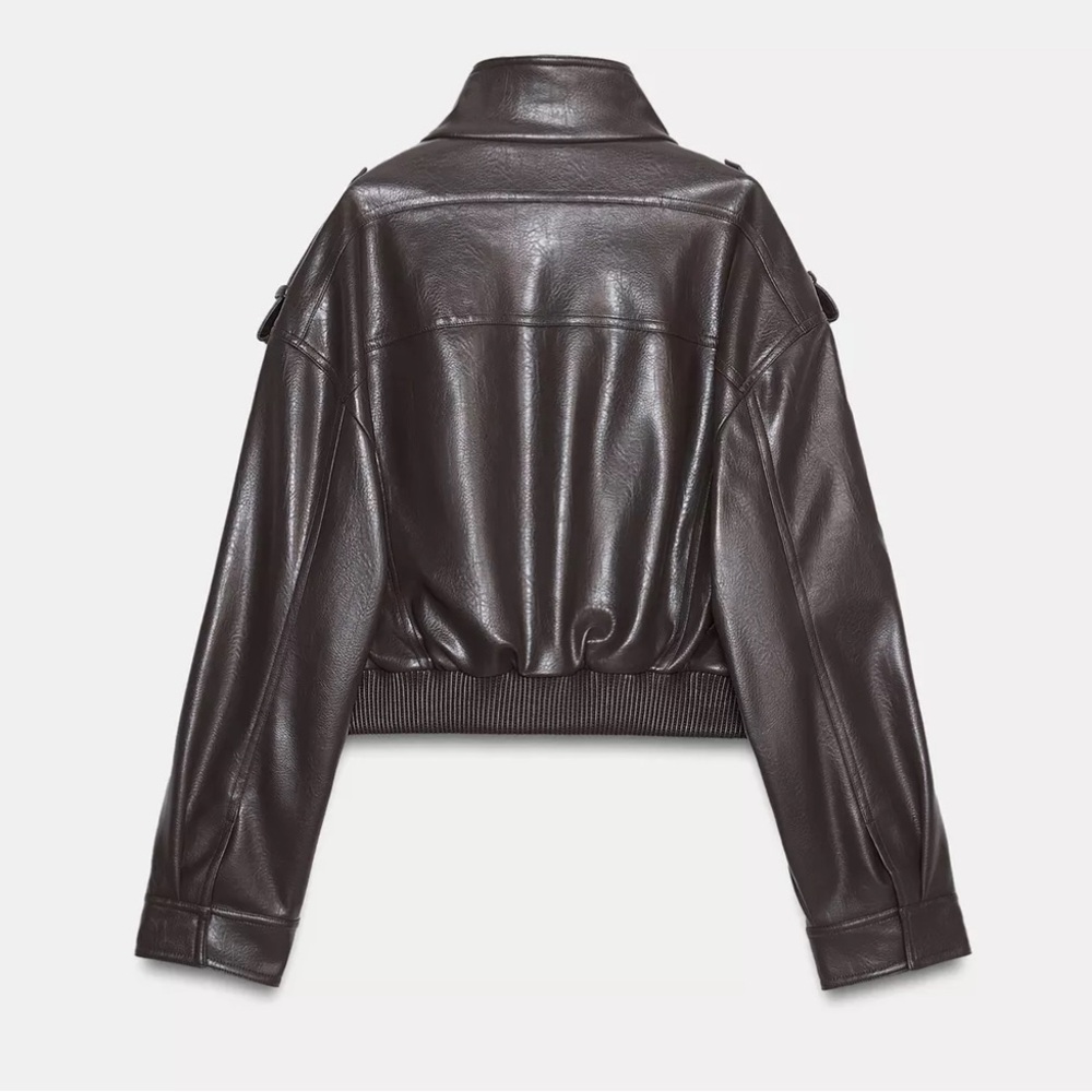 Zara Brown Vegan Leather Cropped Bomber Jacket xs - Picture 6 of 13
